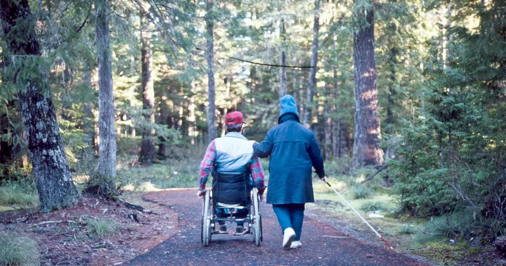 Site de rencontre 50 ans: un couple âgé se promène sur un chemin en forêt, l’un en fauteuil roulant
