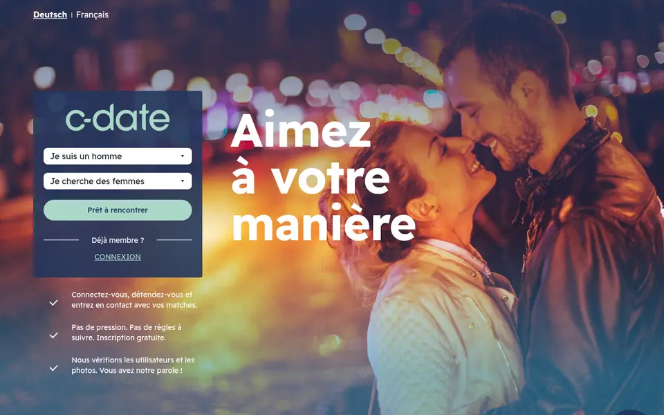 Avis C-Date: page d’accueil de fr.c-date.ch avec l’inscription gratuite et la promesse de vérifier utilisateurs et photos