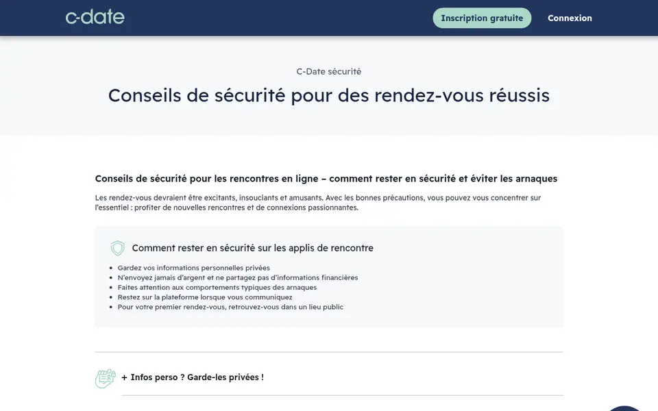 Avis C-Date: page sécurité de fr.c-date.ch avec les conseils pour rester en sécurité sur les applis de rencontre