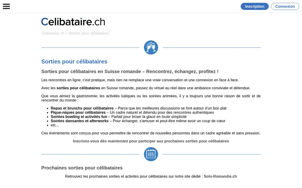 Avis Celibataire.ch: page des sorties pour célibataires en Suisse romande