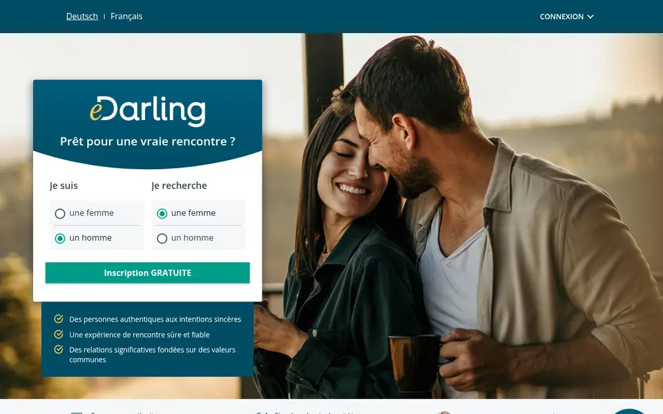 Avis eDarling: page d’accueil de fr.edarling.ch avec l’inscription gratuite et la promesse de personnes aux intentions sincères