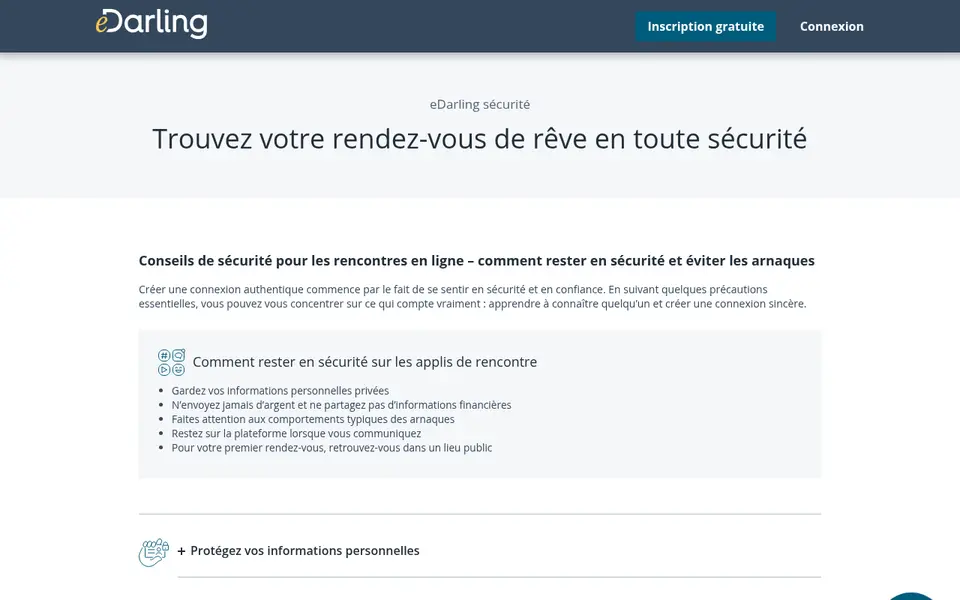 Avis eDarling: page sécurité de fr.edarling.ch avec les conseils pour éviter les arnaques