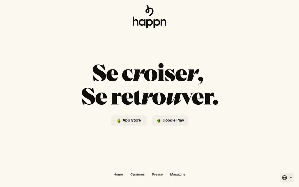 Avis happn: page d’accueil de happn.com en français, «Se croiser, se retrouver»
