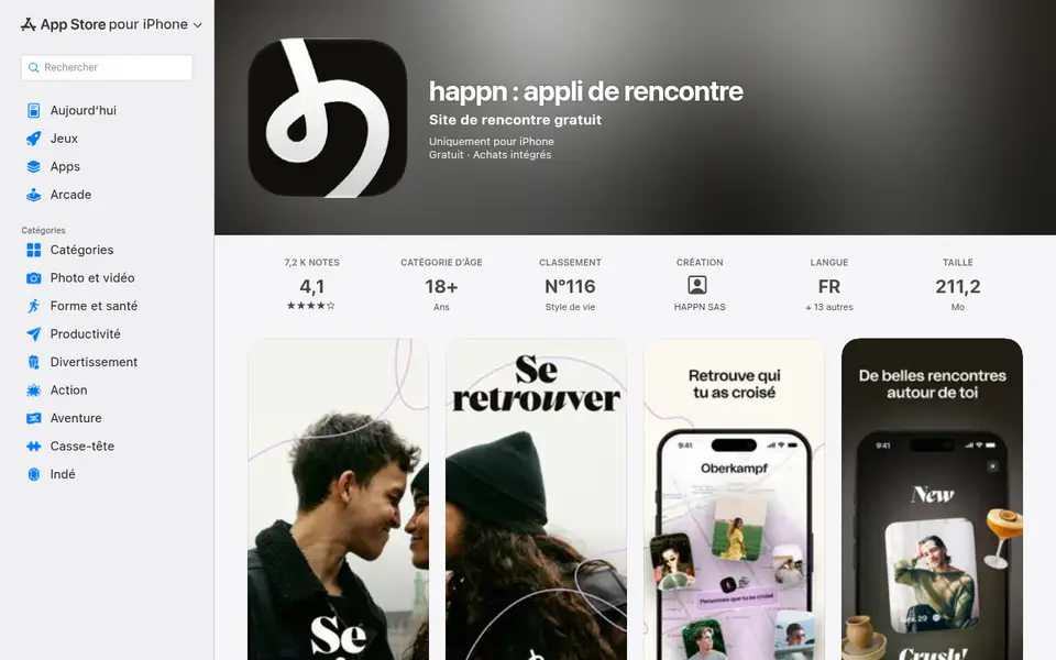 Avis happn: fiche de l’appli dans l’App Store suisse, notée 4,1 sur 5