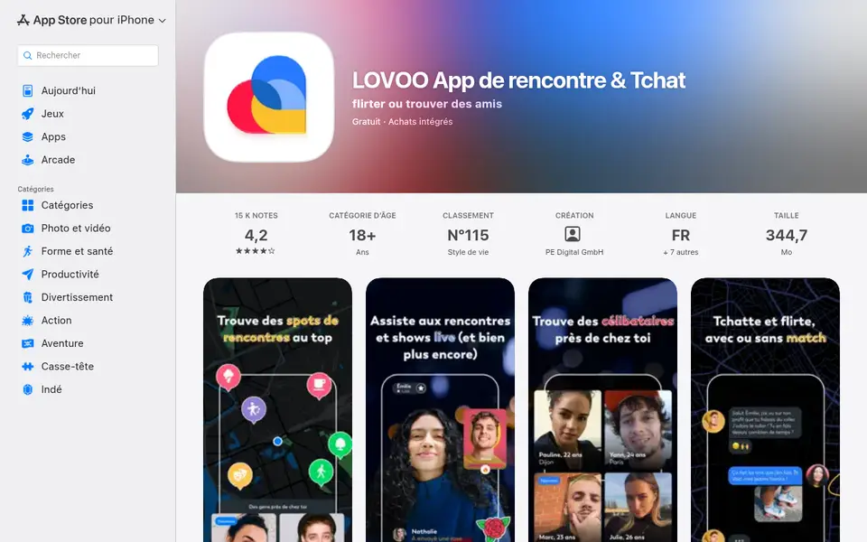 Avis LOVOO: fiche de l’appli dans l’App Store suisse sur ordinateur, note 4,2 et âge 18+