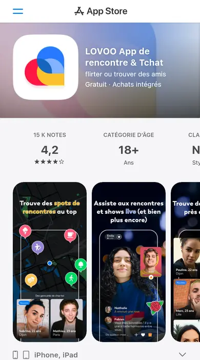 Avis LOVOO: sur smartphone, la fiche App Store avec l’icône et les captures de l’appli