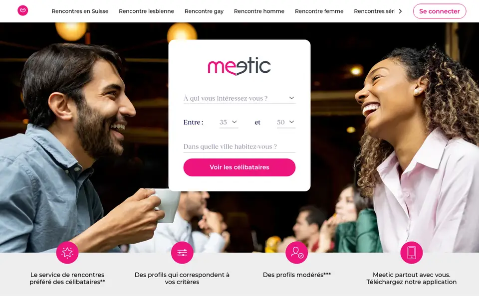Avis Meetic: page d’accueil de fr.meetic.ch avec la recherche de célibataires par âge et par ville
