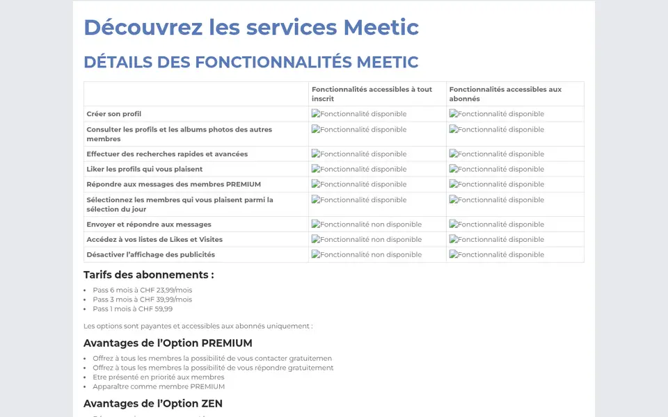 Avis Meetic: tableau des fonctions gratuites et payantes et tarifs des pass en CHF sur fr.meetic.ch