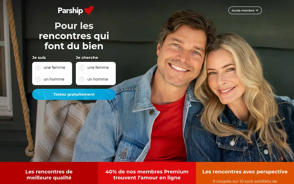 Avis Parship: page d’accueil de fr.parship.ch avec l’inscription gratuite
