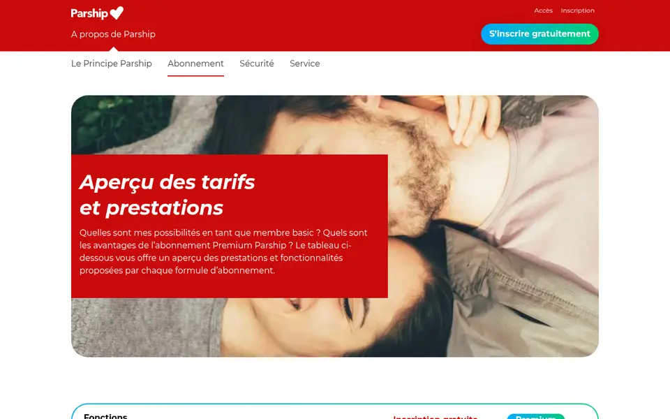 Avis Parship: page «Aperçu des tarifs et prestations» sur fr.parship.ch