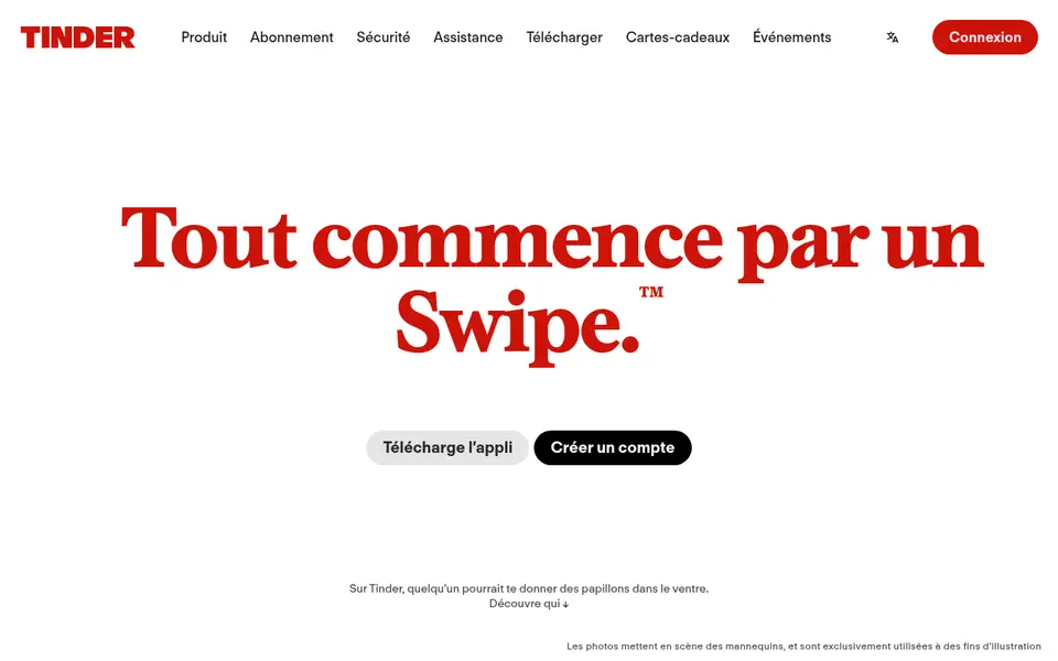 Avis Tinder: page d’accueil de tinder.com avec le slogan «Tout commence par un Swipe»