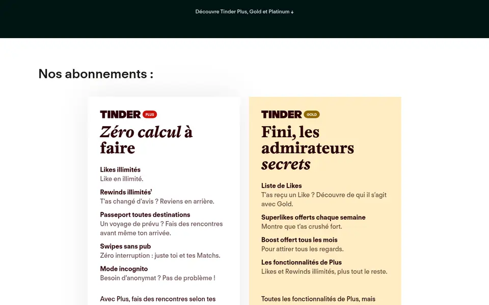 Avis Tinder: comparaison des abonnements Tinder Plus et Tinder Gold sur tinder.com