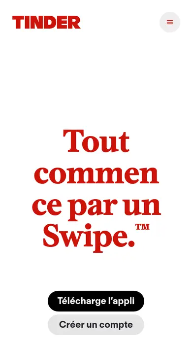 Avis Tinder: sur smartphone, accueil de tinder.com avec les boutons Télécharger l’appli et Créer un compte
